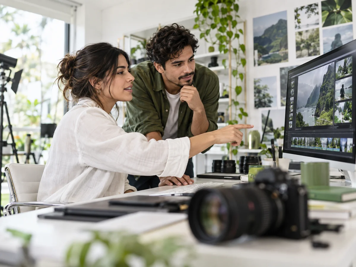 Two professionals reviewing a visual concept and video edit in a creative studio