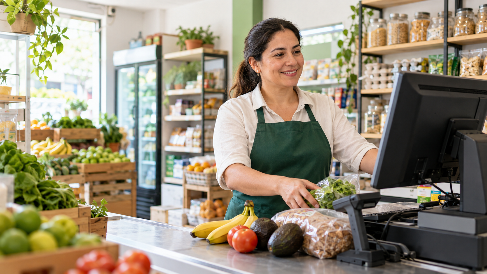 Imagen ilustrativa de una emprendedora atendiendo la caja de su market con un computador